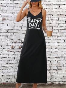 SHEIN LUNE Đồ họa Khẩu hiệu Váy Dây - màu đen - Xem 5