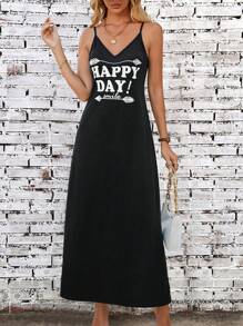 SHEIN LUNE Đồ họa Khẩu hiệu Váy Dây - màu đen - Xem 6