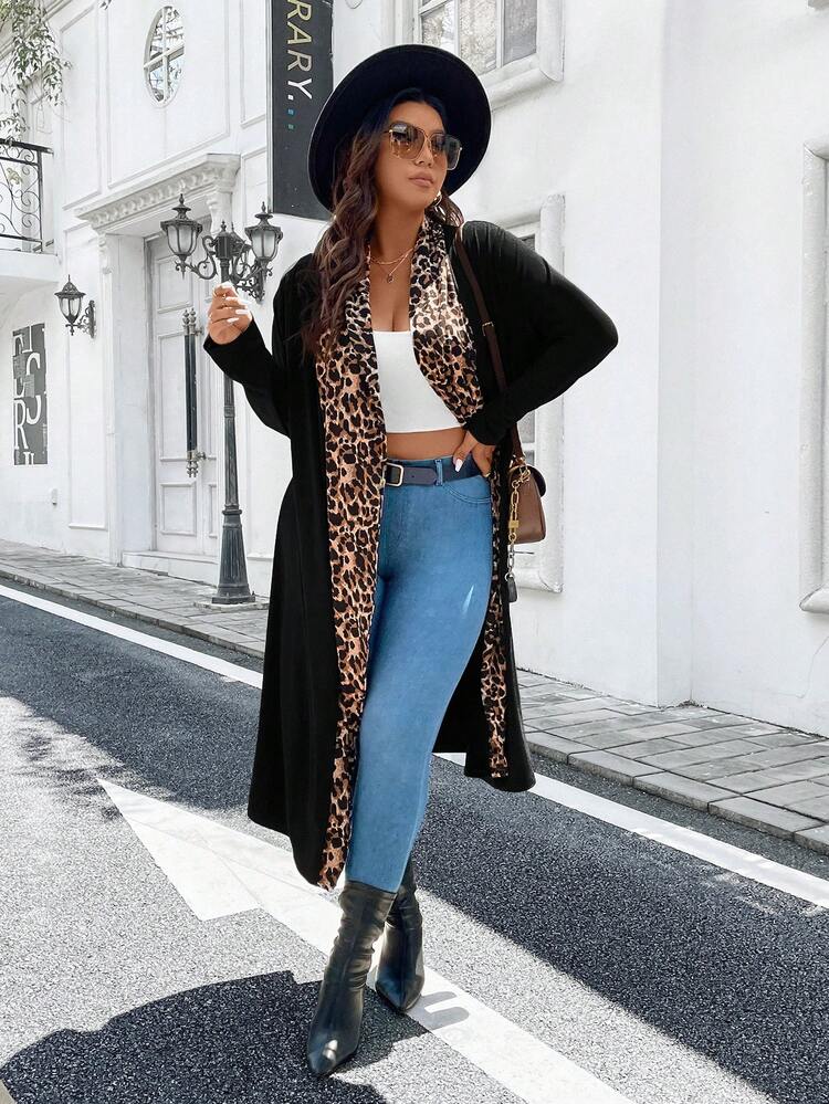 大碼豹紋印花開門襟外套 - 黑色 - 查看 6