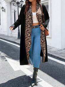 大碼豹紋印花開門襟外套 - 黑色 - 查看 7
