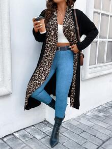 大碼豹紋印花開門襟外套 - 黑色 - 查看 8