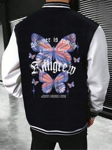Manfinity LEGND Loose Fit Men's Slogan & Butterfly Printed Two-Tone Varsity Jacket - Black and White - View 1