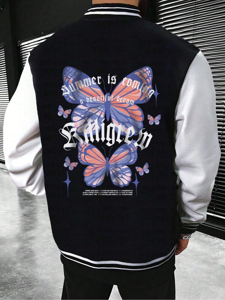 Loose Fit Men's Slogan & Butterfly Printed Two-Tone Varsity Jacket