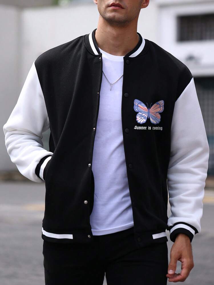 Loose Fit Men's Slogan & Butterfly Printed Two-Tone Varsity Jacket