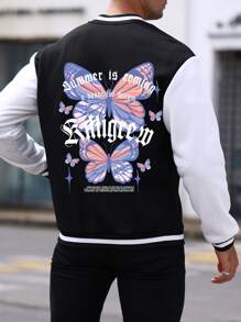 Manfinity LEGND Loose Fit Men's Slogan & Butterfly Printed Two-Tone Varsity Jacket - Black and White - View 3