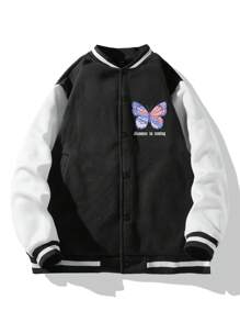 Manfinity LEGND Loose Fit Men's Slogan & Butterfly Printed Two-Tone Varsity Jacket - Black and White - View 4
