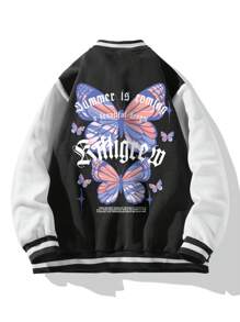 Manfinity LEGND Loose Fit Men's Slogan & Butterfly Printed Two-Tone Varsity Jacket - Black and White - View 5