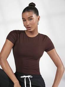 SHEIN BASICS Chất rắn Vòng cổ Áo liền quần vừa vặn - Màu nâu Sô-cô-la - Xem 7