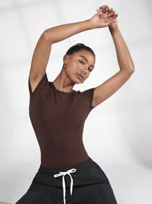 SHEIN BASICS Chất rắn Vòng cổ Áo liền quần vừa vặn - Màu nâu Sô-cô-la - Xem 5