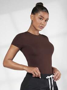 SHEIN BASICS Chất rắn Vòng cổ Áo liền quần vừa vặn - Màu nâu Sô-cô-la - Xem 4