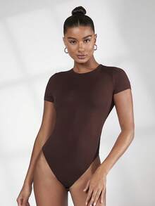 SHEIN BASICS Chất rắn Vòng cổ Áo liền quần vừa vặn - Màu nâu Sô-cô-la - Xem 2