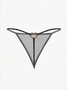 Rhinestone Heart Ring Linked Mesh Thong Lingerie For Rave - Black - View 4