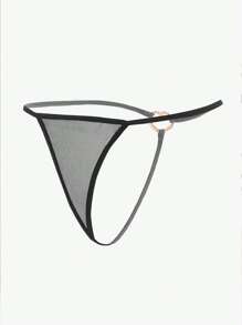 Rhinestone Heart Ring Linked Mesh Thong Lingerie For Rave - Black - View 5