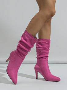 折疊尖頭高跟鞋彈力麝皮美式短靴 - 玫紅色 - 查看 1