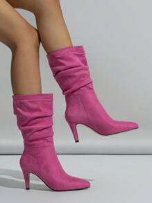 折疊尖頭高跟鞋彈力麝皮美式短靴 - 玫紅色 - 查看 2