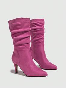 折疊尖頭高跟鞋彈力麝皮美式短靴 - 玫紅色 - 查看 3