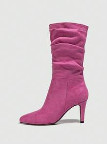 折疊尖頭高跟鞋彈力麝皮美式短靴 - 玫紅色 - 查看 4