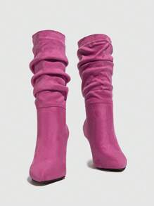 折疊尖頭高跟鞋彈力麝皮美式短靴 - 玫紅色 - 查看 5