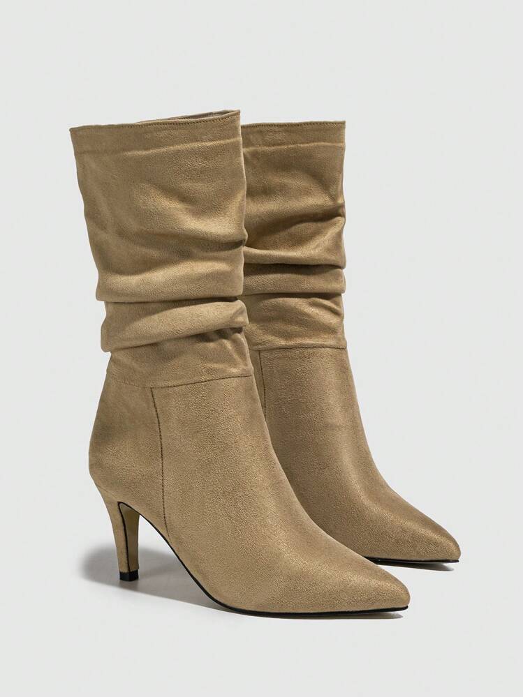 Botas de punta doblado diseño estilete tacón elástico de tela - Caqui - Ver 3