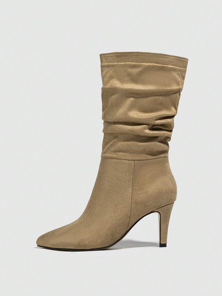 Botas de punta doblado diseño estilete tacón elástico de tela - Caqui - Ver 4