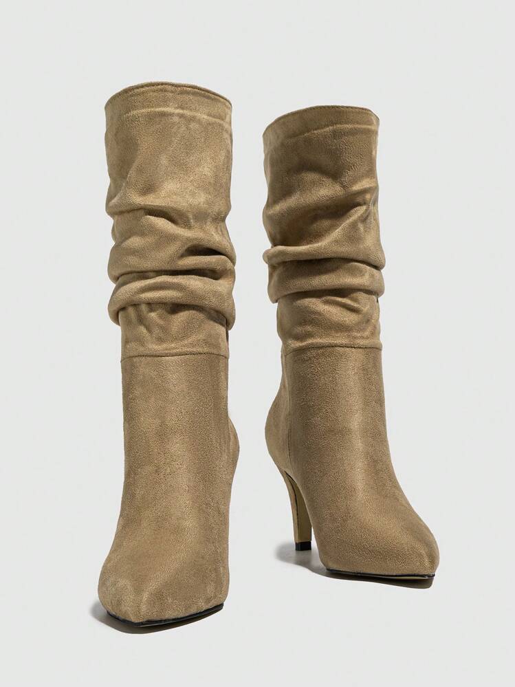 Botas de punta doblado diseño estilete tacón elástico de tela - Caqui - Ver 5