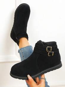 Women's Fashionable & Comfortable Double Buckle Decorated Warm Boots, Black - Black - View 2