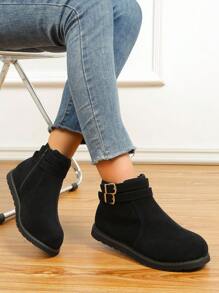 Women's Fashionable & Comfortable Double Buckle Decorated Warm Boots, Black - Black - View 3