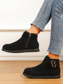 Women's Fashionable & Comfortable Double Buckle Decorated Warm Boots, Black - Black - View 5