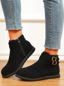 Women's Fashionable & Comfortable Double Buckle Decorated Warm Boots, Black - Black - View 1