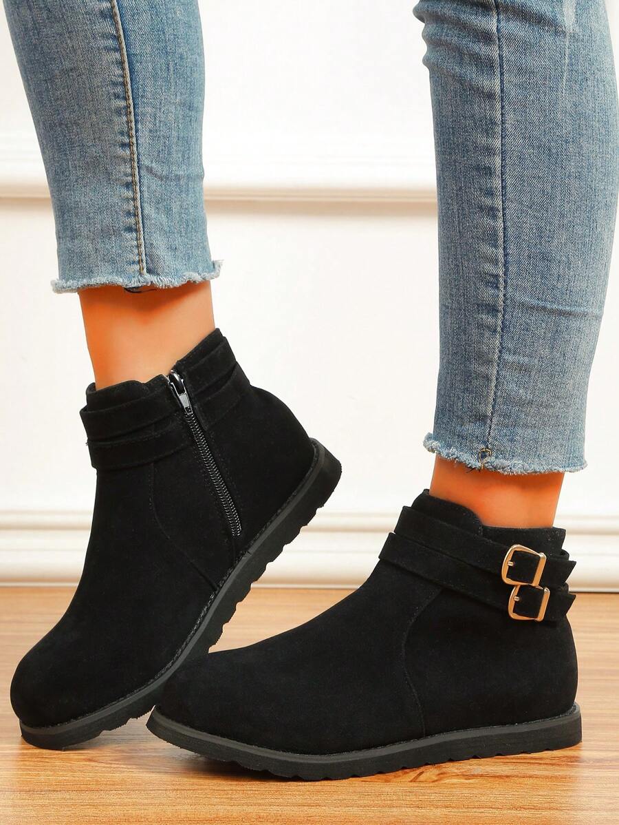 Women's Fashionable & Comfortable Double Buckle Decorated Warm Boots, Black - Black - View 1