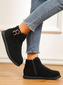 Women's Fashionable & Comfortable Double Buckle Decorated Warm Boots, Black - Black - View 6