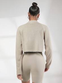 SHEIN BASICS Một nửa khóa kéo Đồ đan Ribbed Áo len Crop - Màu be - Xem 2