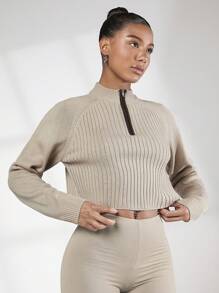 SHEIN BASICS Một nửa khóa kéo Đồ đan Ribbed Áo len Crop - Màu be - Xem 4