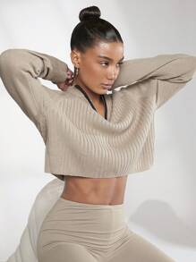 SHEIN BASICS Một nửa khóa kéo Đồ đan Ribbed Áo len Crop - Màu be - Xem 5