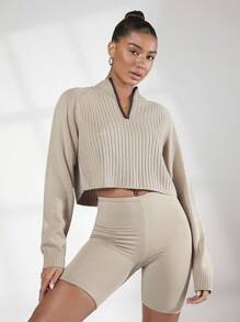 SHEIN BASICS Một nửa khóa kéo Đồ đan Ribbed Áo len Crop - Màu be - Xem 1