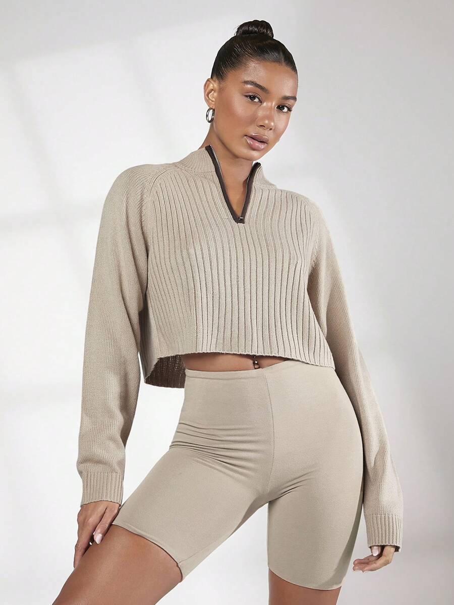 SHEIN BASICS Một nửa khóa kéo Đồ đan Ribbed Áo len Crop - Màu be - Xem 1