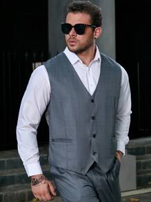 Manfinity Mode Men Plus 1pc Plaid Waistcoat - Grey - View 3