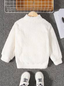 SHEIN 男小童休閒街頭風可愛舒適搖粒絨保暖織物絨毛熊運動衫帶高領和字母刺繡,適用於秋天和冬天 - 白色 - 查看 2
