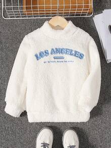 SHEIN 男小童休閒街頭風可愛舒適搖粒絨保暖織物絨毛熊運動衫帶高領和字母刺繡,適用於秋天和冬天 - 白色 - 查看 3