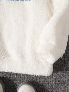 SHEIN 男小童休閒街頭風可愛舒適搖粒絨保暖織物絨毛熊運動衫帶高領和字母刺繡,適用於秋天和冬天 - 白色 - 查看 6