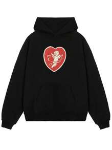 Manfinity Hypemode Loose Fit Heart & Figure Graphic Kangaroo Pocket Hoodie For Men - Black - View 1