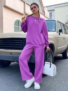 SHEIN EZwear 素色落肩袖衛衣和衛褲 - 紫色 - 查看 1
