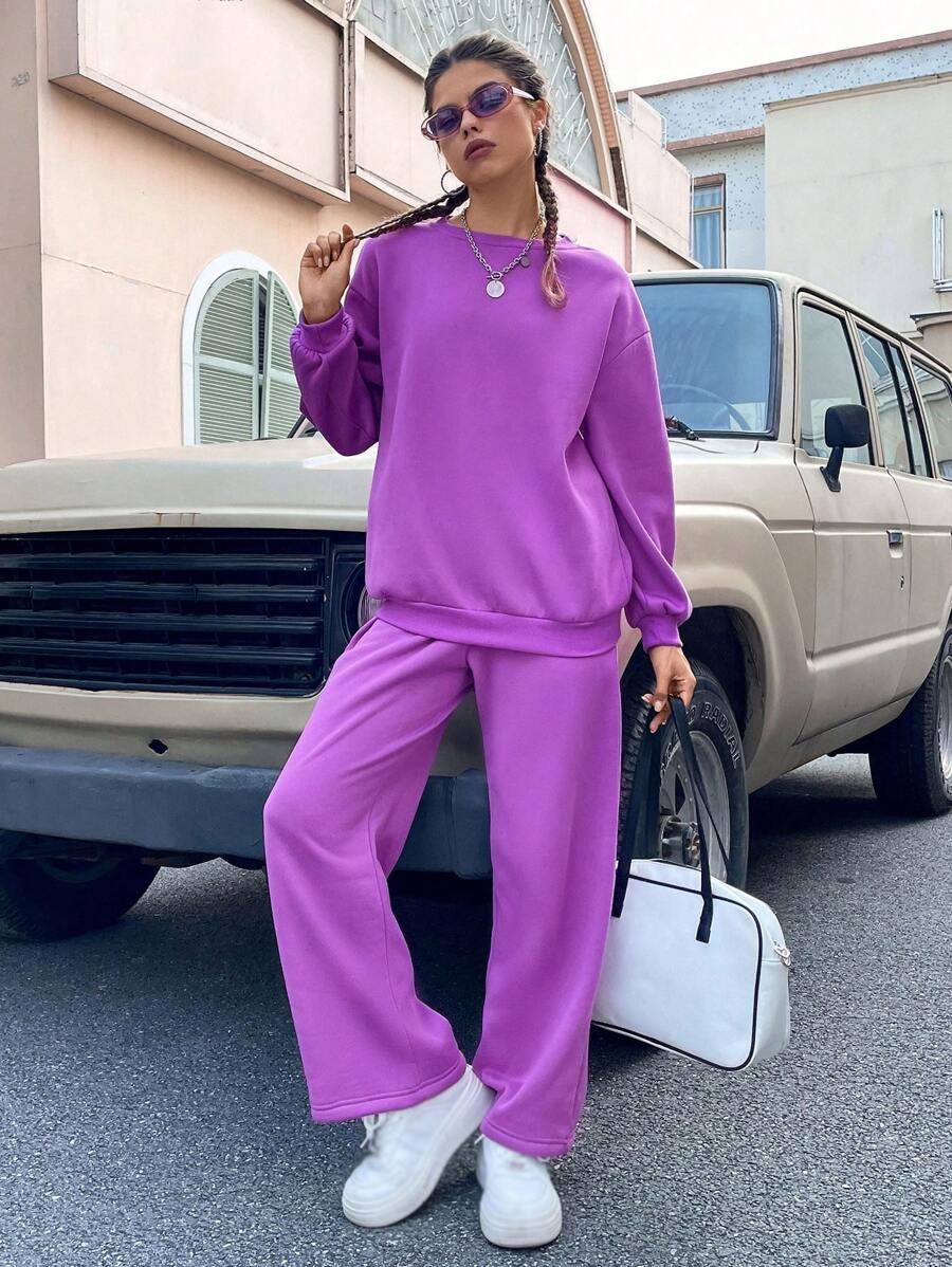 SHEIN EZwear 素色落肩袖衛衣和衛褲 - 紫色 - 查看 1