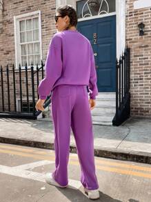 SHEIN EZwear 素色落肩袖衛衣和衛褲 - 紫色 - 查看 2