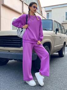 SHEIN EZwear 素色落肩袖衛衣和衛褲 - 紫色 - 查看 3