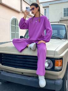 SHEIN EZwear 素色落肩袖衛衣和衛褲 - 紫色 - 查看 4