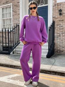 SHEIN EZwear 素色落肩袖衛衣和衛褲 - 紫色 - 查看 5