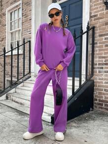 SHEIN EZwear 素色落肩袖衛衣和衛褲 - 紫色 - 查看 6