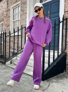 SHEIN EZwear 素色落肩袖衛衣和衛褲 - 紫色 - 查看 7