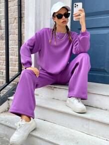 SHEIN EZwear 素色落肩袖衛衣和衛褲 - 紫色 - 查看 8